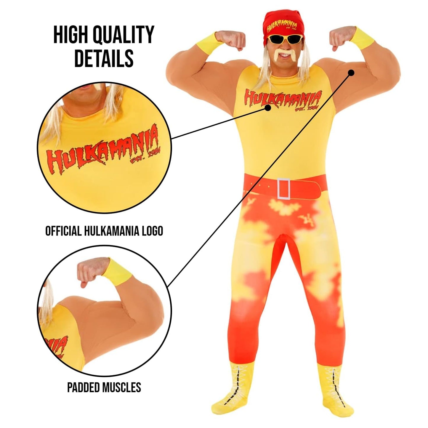 Morph Hulk Hogan Costume Adult, Hulk Hogan Fancy Dress, WWE Wrestling Costume, 80s Costumes for Adults, Large