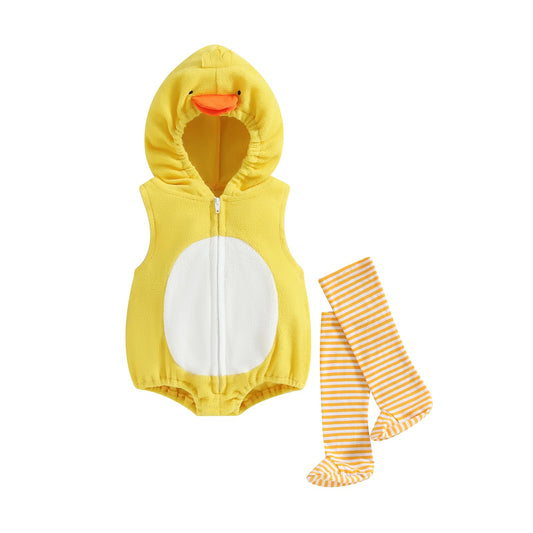 FeMereina Halloween Costumes Toddler Baby Boy Girl Animal Chick Romper Sleeveless Zip Up Hooded Cosplay Jumpsuit with Striped Socks (Yellow, 18-24 Months)