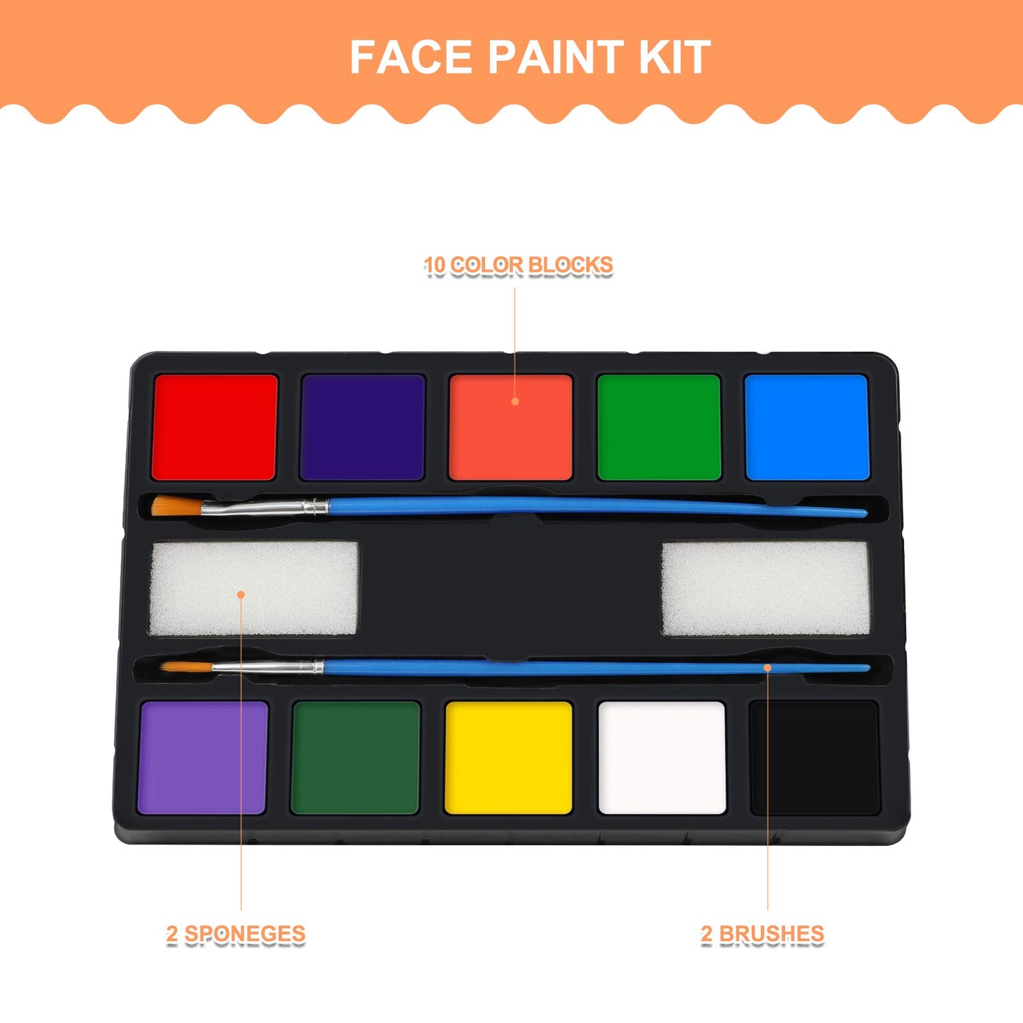 ENJSD Face Paint 14 PCS, Face Paint for Kids and Adults, Water Based Non-Toxic 10 Vivid Colors, 2 Brushes & Sponges, Easily Washable Safe Body Painting for Halloween Makeup and Cosplay
