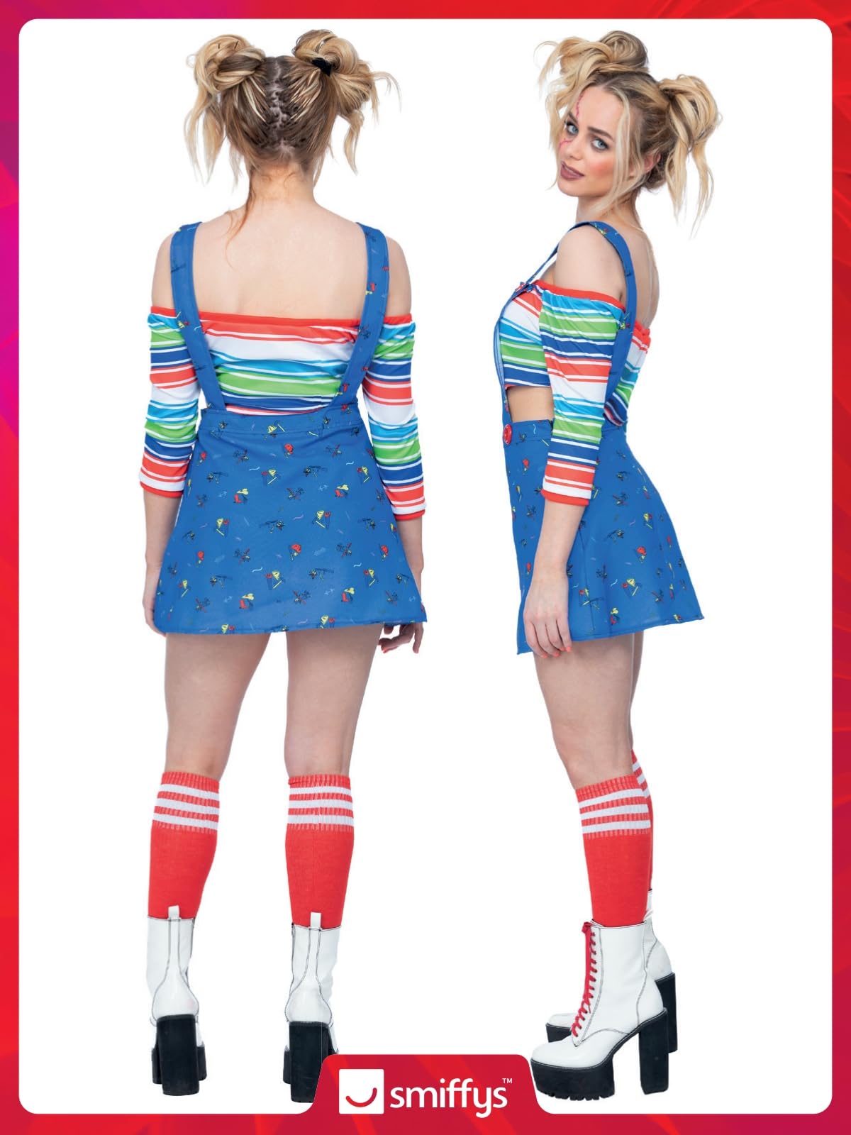Smiffys Chucky Costume for Adults, Pinafore Mini Dress and Top, Officially Licensed, Off-the-Shoulder Striped Top, Ideal for Halloween and Matching Family or Pet Fancy Dress