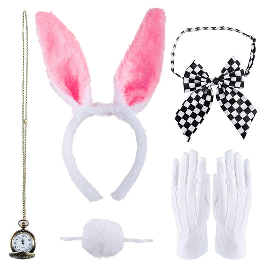 SSKHE 5PCS Bunny Costume Accessories Set,Wonderland Rabbit Fancy Dress Set,Rabbit Fancy Dress Costume Accessory Set with White Ears, Bowtie,Tail,Nose, Gloves for adults
