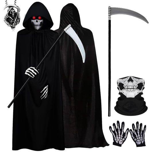Grim Reaper Costume - Black Hooded Cape Skull Mask and Gloves Halloween