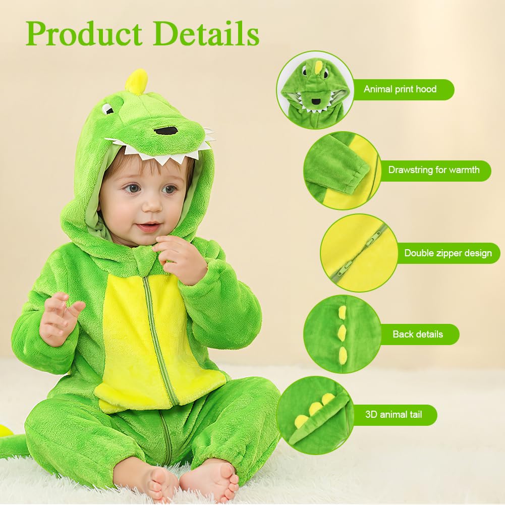 Alaoo Dinosaur Jumpsuit for Toddler and Child, One Piece Flannel Animal Hooded Rompers Jumpsuit, Hooded Cartoon Sleepsuits Infant Outfit for Halloween Dress Up Party, 90CM