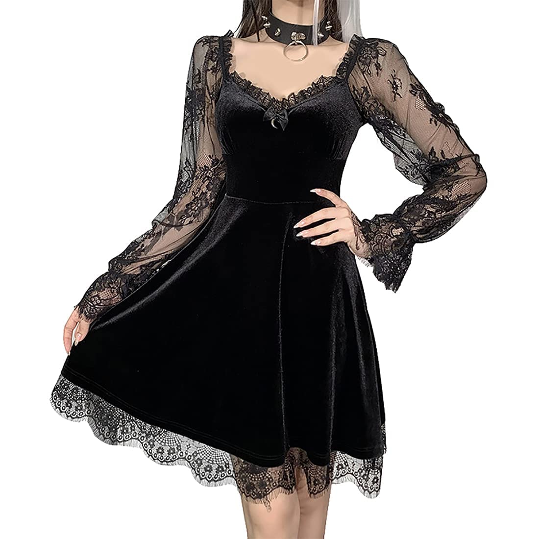 Autumn Velvet Dress Women High Waist Long Sleeve Gothic Punk Lolita (image 2)