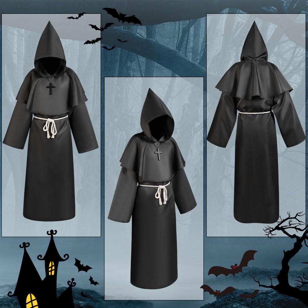 Aomig Monk Costume, 4 Pcs Medieval Friar Hooded Monk Cape Renaissance Wizard for Adult Women Men, Pastor Outfit Priest Robe Costume Halloween Fancy Dress Christmas Party Cosplay Costume (XL, Black)
