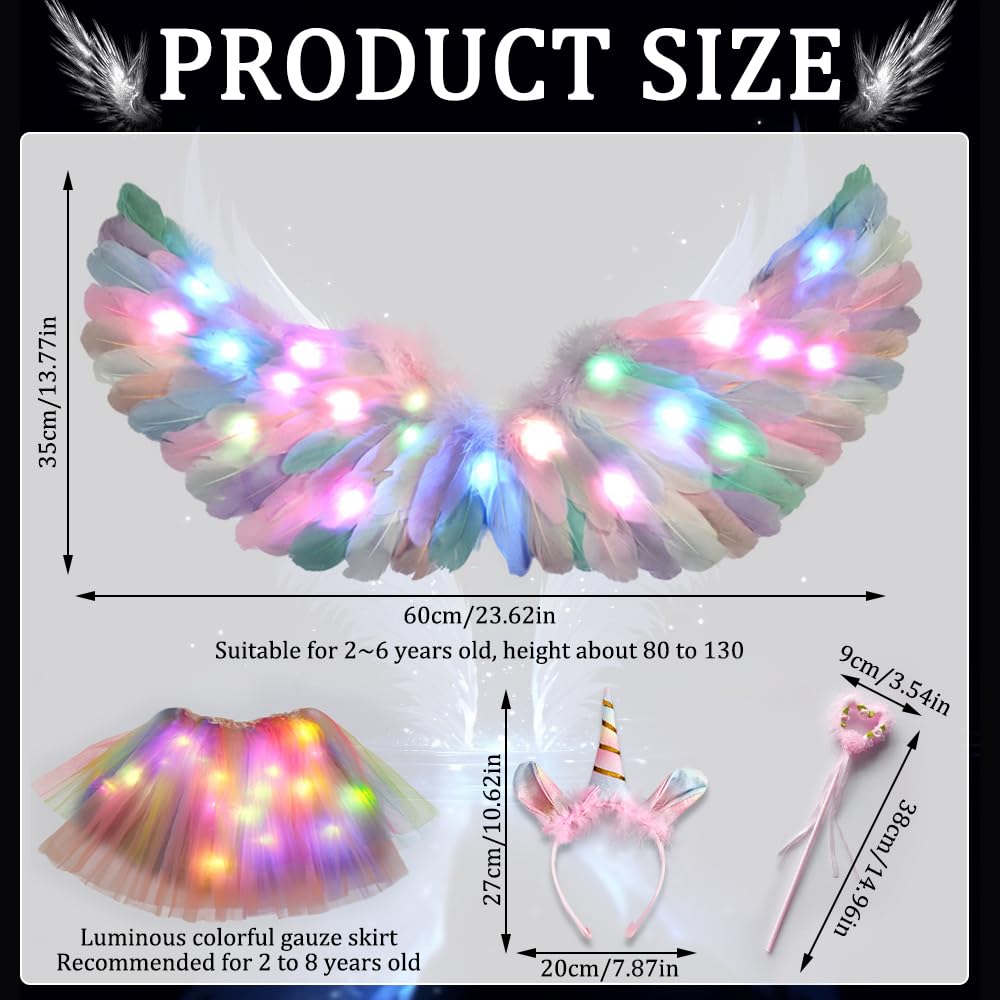 KUWUNG Light Up Fairy Costume for Girls, Kids Glowing Unicorn Costume with Feather Wings, LED Tutu Skirt, Magic Wand, Unicorn Headband, Children Fancy Dress for Halloween Christmas Carnival Party
