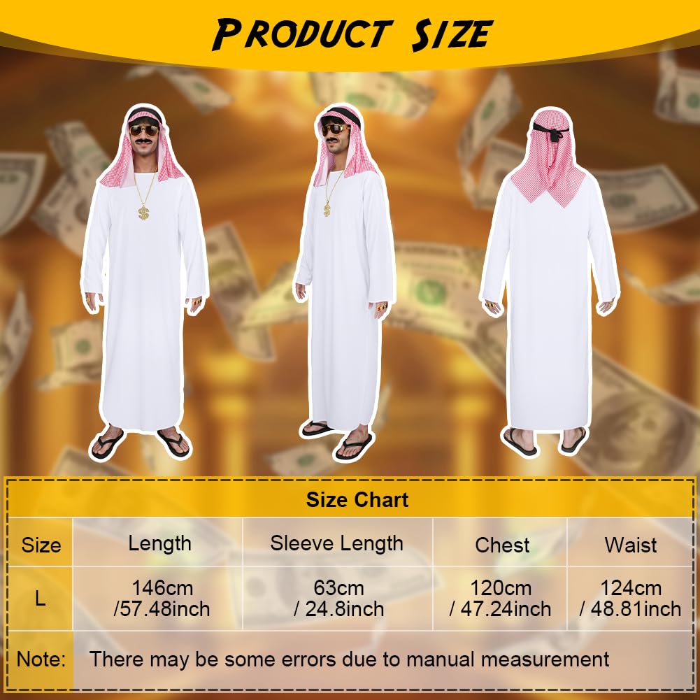 BSBUY Arab Sheik Costume Men White Sheik Robe Arabischen Gebetskleidung Middle Eastern Clothes Outfit Include Robe Hijab Eyeglasses Beard Halloween Christmas Party Birthday Cosplay Fancy Dress Up