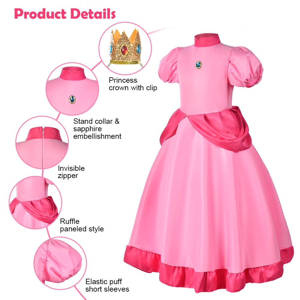Aomig Peach Princess Costume for Girls, 5 Pcs Peach Fancy Dress Up with Crown Earrings Gloves Brooch Wand, Princess Peach Outfits Dress for Girls for Party Cosplay Birthday Halloween Christmas(120)
