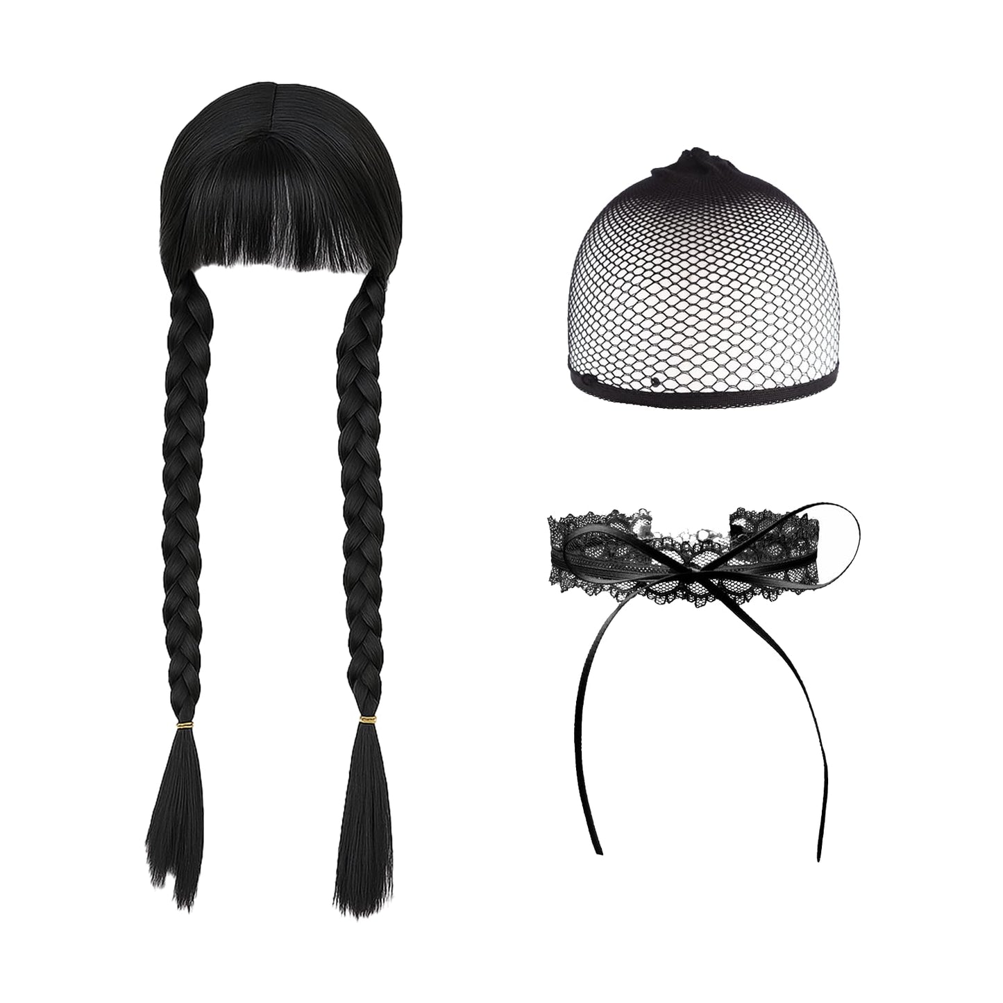SSKHE 3Pcs Black Braided Wig for Women and Children, Cosplay Accessory for Wednesday Addams, Halloween Costume Hairpiece, Braided Design for Dress-up, Kids' Wigs, Party Hair Accessories