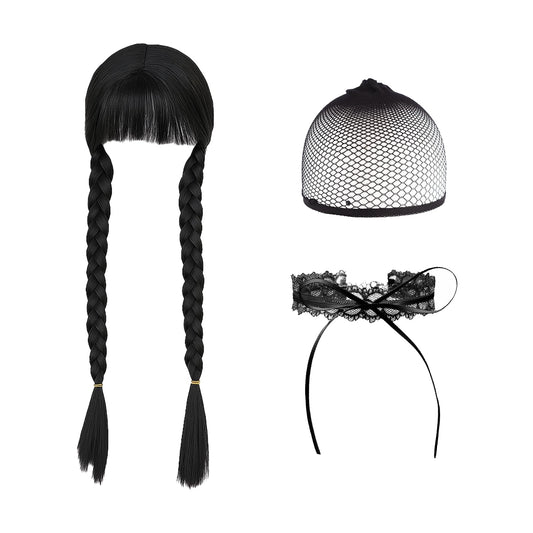 SSKHE 3Pcs Black Braided Wig for Women and Children, Cosplay Accessory for Wednesday Addams, Halloween Costume Hairpiece, Braided Design for Dress-up, Kids' Wigs, Party Hair Accessories