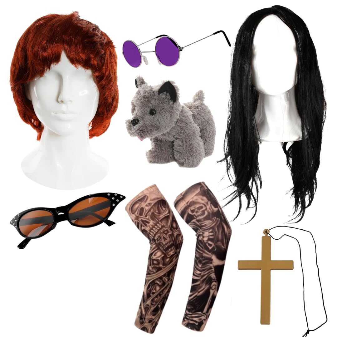 Adults Osbourne Couple Accessory Set - Long Black Wig, Purple Glasses, Gold Cross, Red Wig, Cat Eye Glasses, Toy Dog & Tattoo Sleeves - Adults Music TV/Film Celebrity Fancy Dress Costume Accessory Set