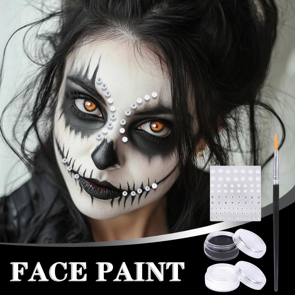 Tikerwang Halloween Makeup Kit - Black & White Face Paint Kit, Halloween Makeup Includes Paint, Brush, Costume Accessories Crystal Sheet for Skeleton SFX, Vampire, Skull Makeup (Model A)