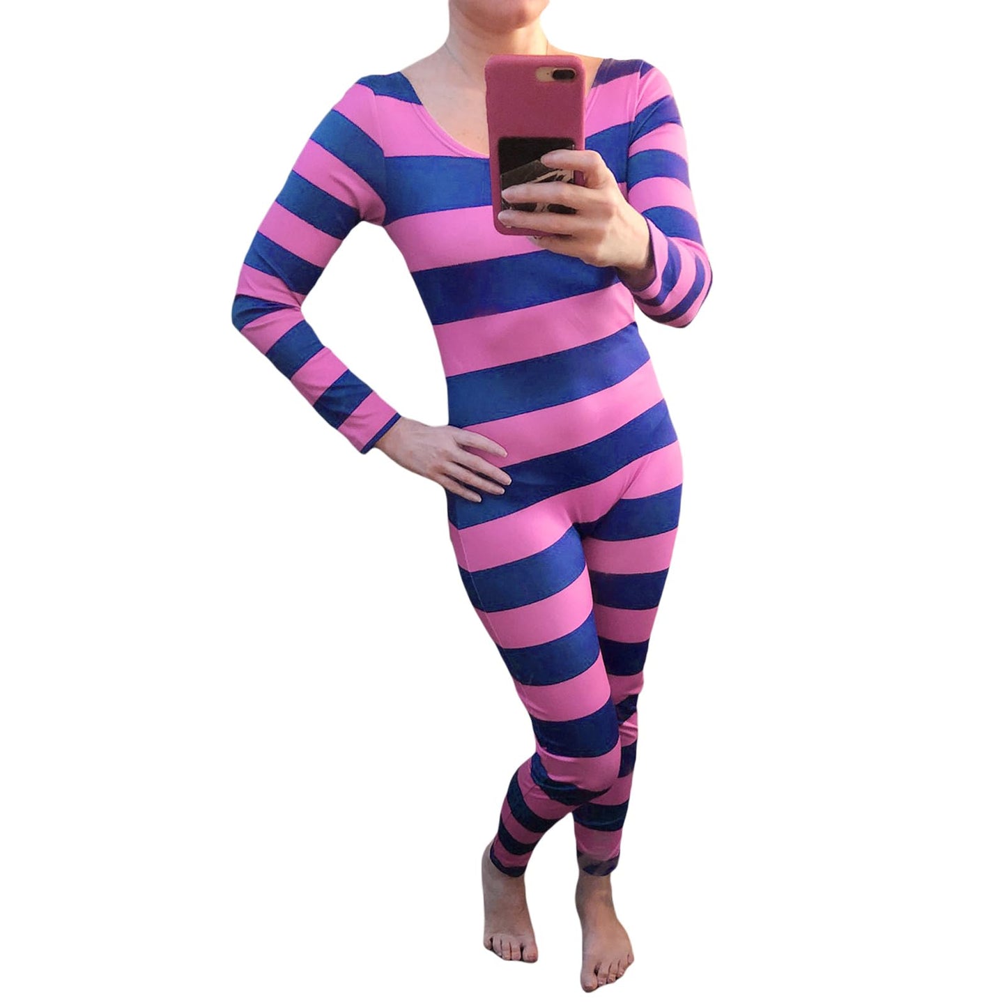Cusghjbsg Women Halloween Cheshire Cat Cosplay Costume Long Sleeve Stripe Print Contrast Color Slim Jumpsuit Role Play Outfit Romper (Pink Purple A, L)