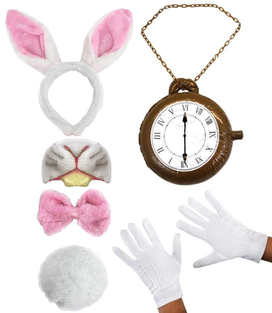 Adults Rabbit Costume Accessory Set - White & Pink Bunny Ears, Pink Bowtie, Rabbit Tail, Gloves, Rabbit Nose, Inflatable Clock - Adults World Book Day Book Week Fancy Dress Accessories