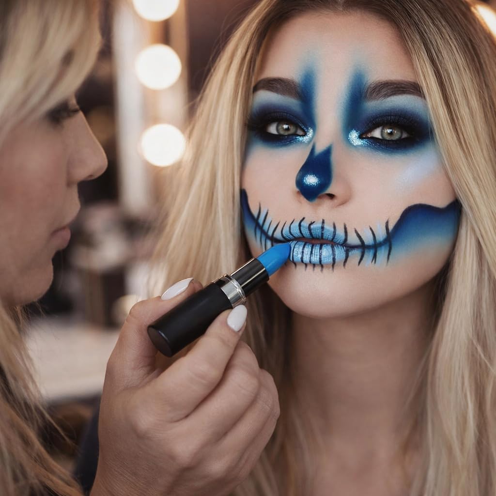 Professional Face Painting Kit with Lipstick & Paint Sticks, High Waterproof Long Lasting for Halloween Festival Makeup, Dual Effect One Stroke Application for Face & Lips (Blue)