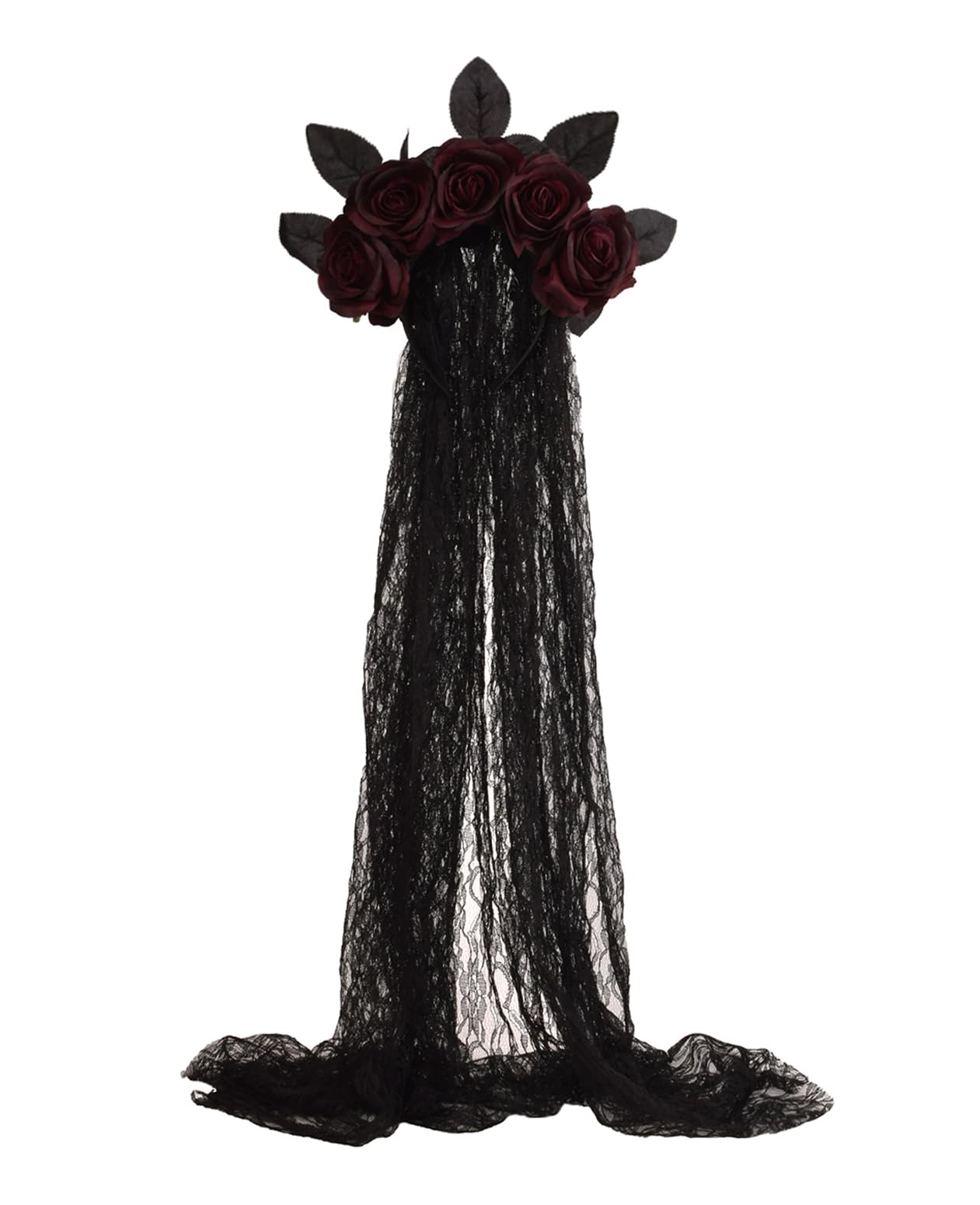 Merroyal women day of the dead headpiece Halloween accessory Photo props. (Burgundy Flower Black Leaf +Veil)