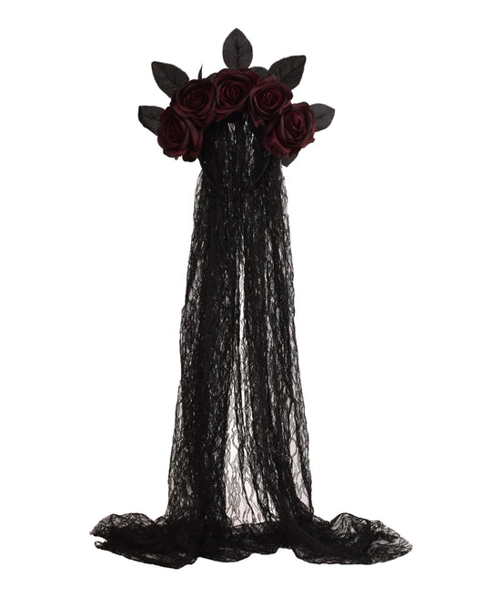 Merroyal women day of the dead headpiece Halloween accessory Photo props. (Burgundy Flower Black Leaf +Veil)