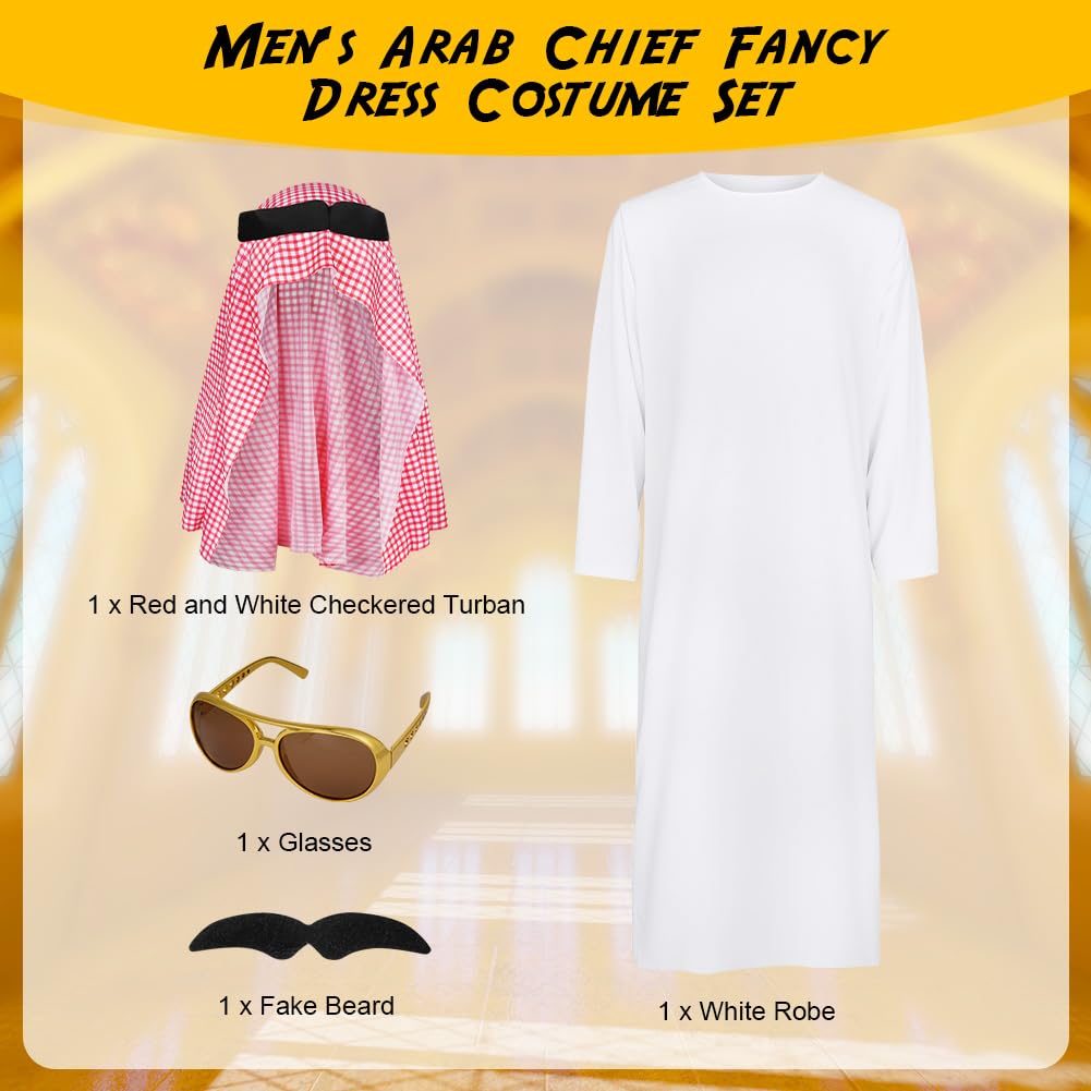 BSBUY Arab Sheik Costume Men White Sheik Robe Arabischen Gebetskleidung Middle Eastern Clothes Outfit Include Robe Hijab Eyeglasses Beard Halloween Christmas Party Birthday Cosplay Fancy Dress Up