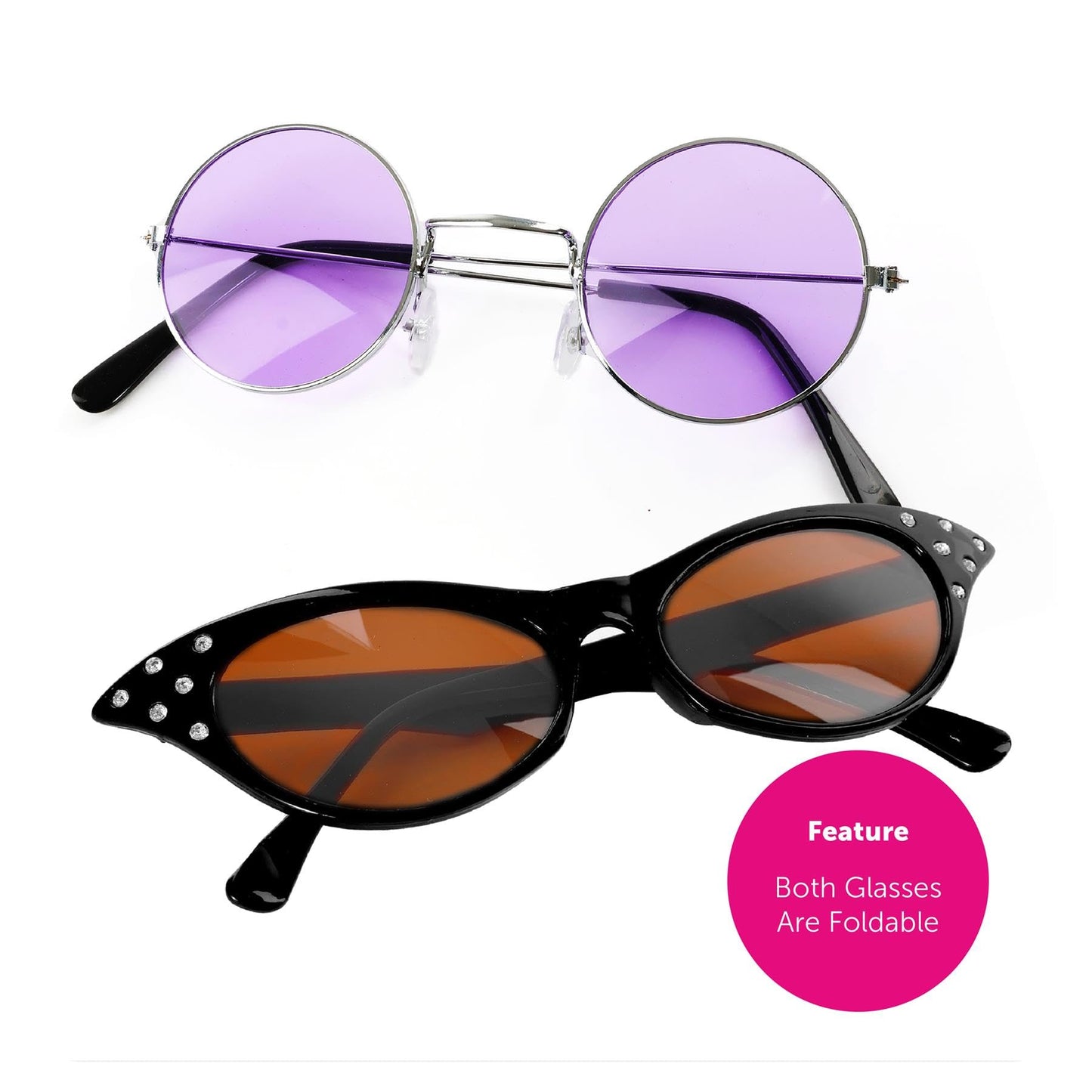 Adults Osbourne Couple Accessory Set - Long Black Wig, Purple Glasses, Gold Cross, Red Wig, Cat Eye Glasses, Toy Dog & Tattoo Sleeves - Adults Music TV/Film Celebrity Fancy Dress Costume Accessory Set