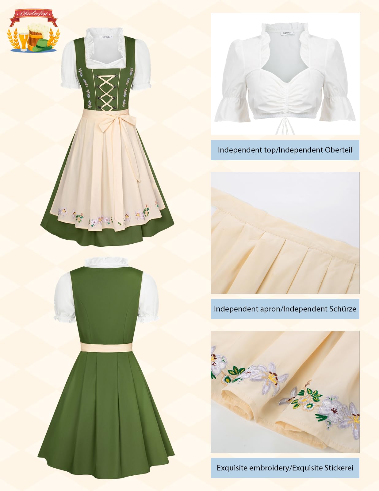 Dirndl Dress Women 3 Piece German Dirndl Dress Oktoberfest Outfit Bavarian Costumes Party Dresses for Bavarian Beer Carnival Oktoberfest Yellow-Green