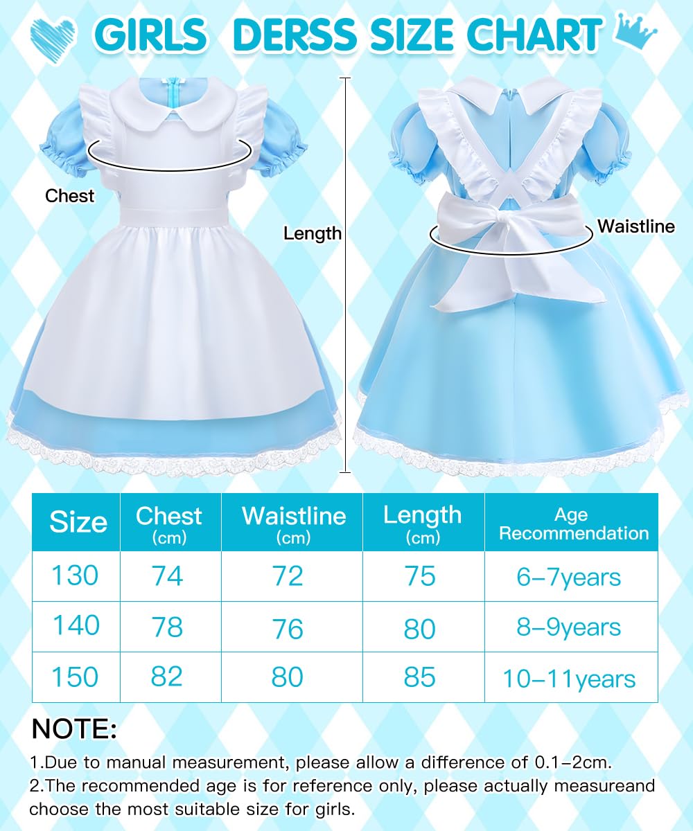 COYBTO Princess Costume for Girls 6-11 Years - Blue Dress With White Apron and Headband for Halloween, Birthday Party, Carnival, Fancy Dress
