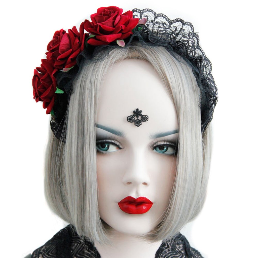 Gothic Rose Headband Black Lace Flower Crown Day of The Dead Headband Halloween Costume Headdress Cosplay Headpiece Accessories Bride Rose Hair Hoop for Gothic Wedding Festival Photoshoot