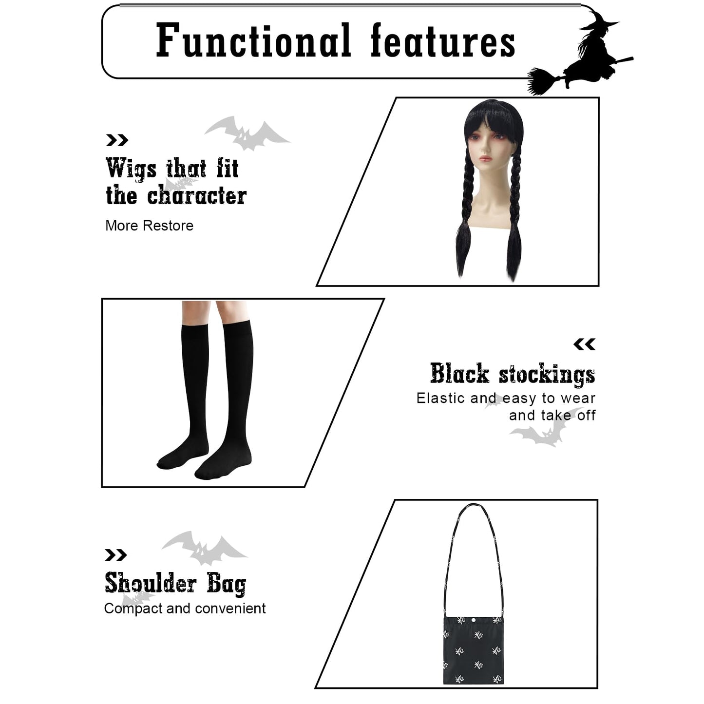 LZH Halloween Dress for Kids Girls Long Black Dress Cosplay Carnival Uniform School Fancy Dress Up with Earring Wig and Bag