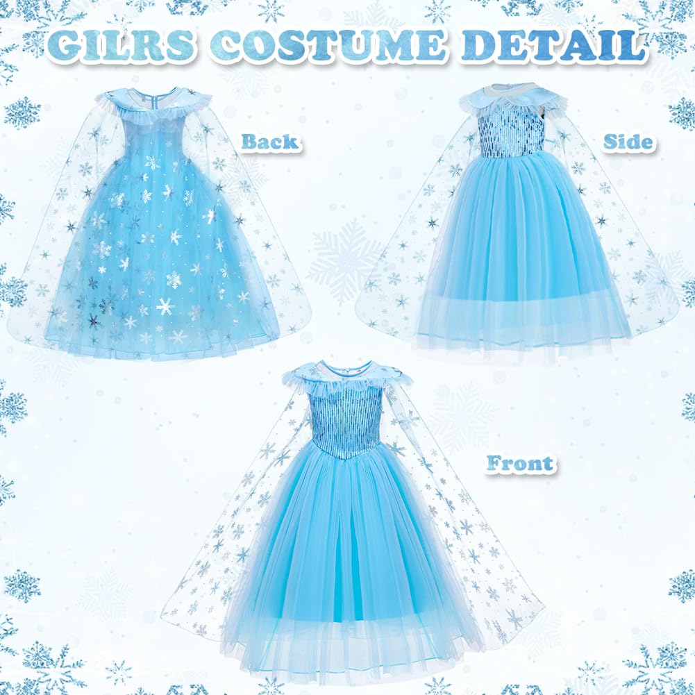 AYBUY Princess Dress Costume, Blue Princess Costume with Cape Train Wand Crown, Girls Fancy Dress for Halloween Christmas Party Cosplay,120