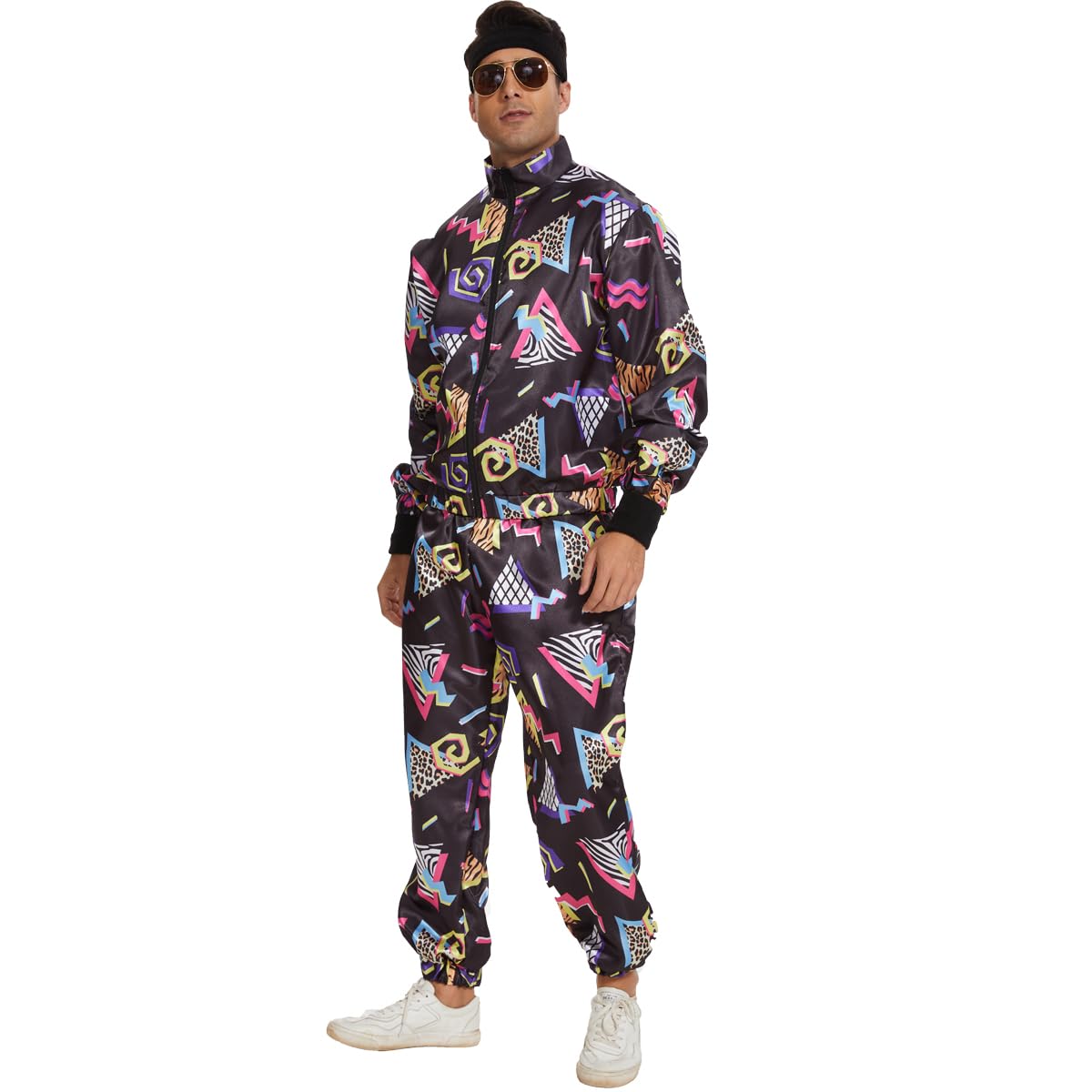 CEKUIA 80s 90s Fancy Dress Shell Suit Disco Dress Costume for Men Women Tracksuit with Headband Glasses Wristbands