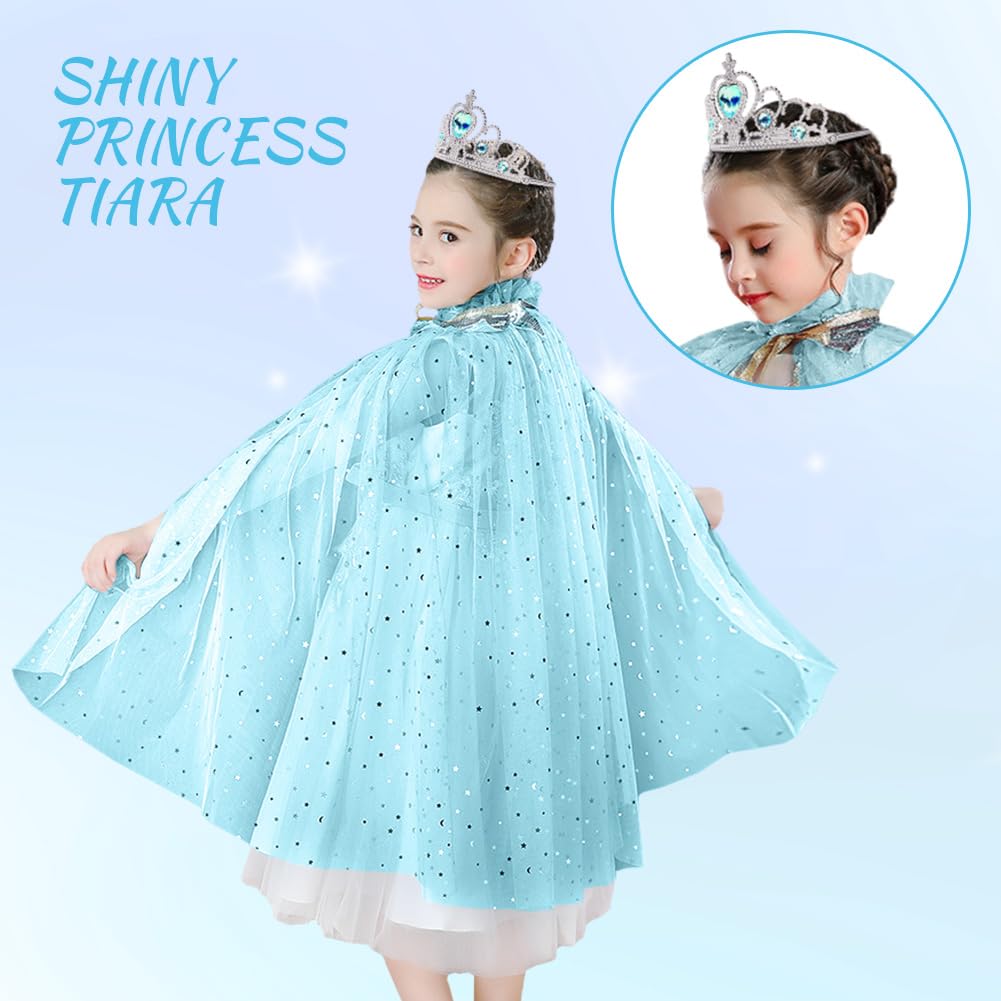 AOOWU Princess Cape Set for Girls, Elsa Princess Cloak with Crown, Wand, Jewelry, Gloves, Princess Elsa Fancy Dress Up Sparkling Sequin Tulle Princess Cape Set for Halloween Christmas Birthday Cosplay