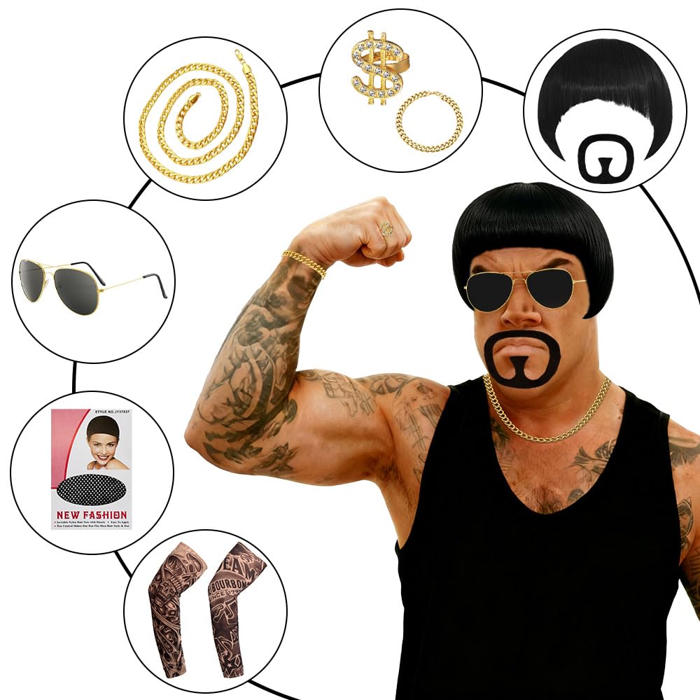 Ibiza Final Boss Costume Funny Costumes For Men with Handsome Black Bowl Cut Wig Hair Nets Goatee Mustache Sunglasses Gold Chain Ring & Tattoo Sleeves, 90s Meme Cosplay Ibiza Outfit for Carnival Party