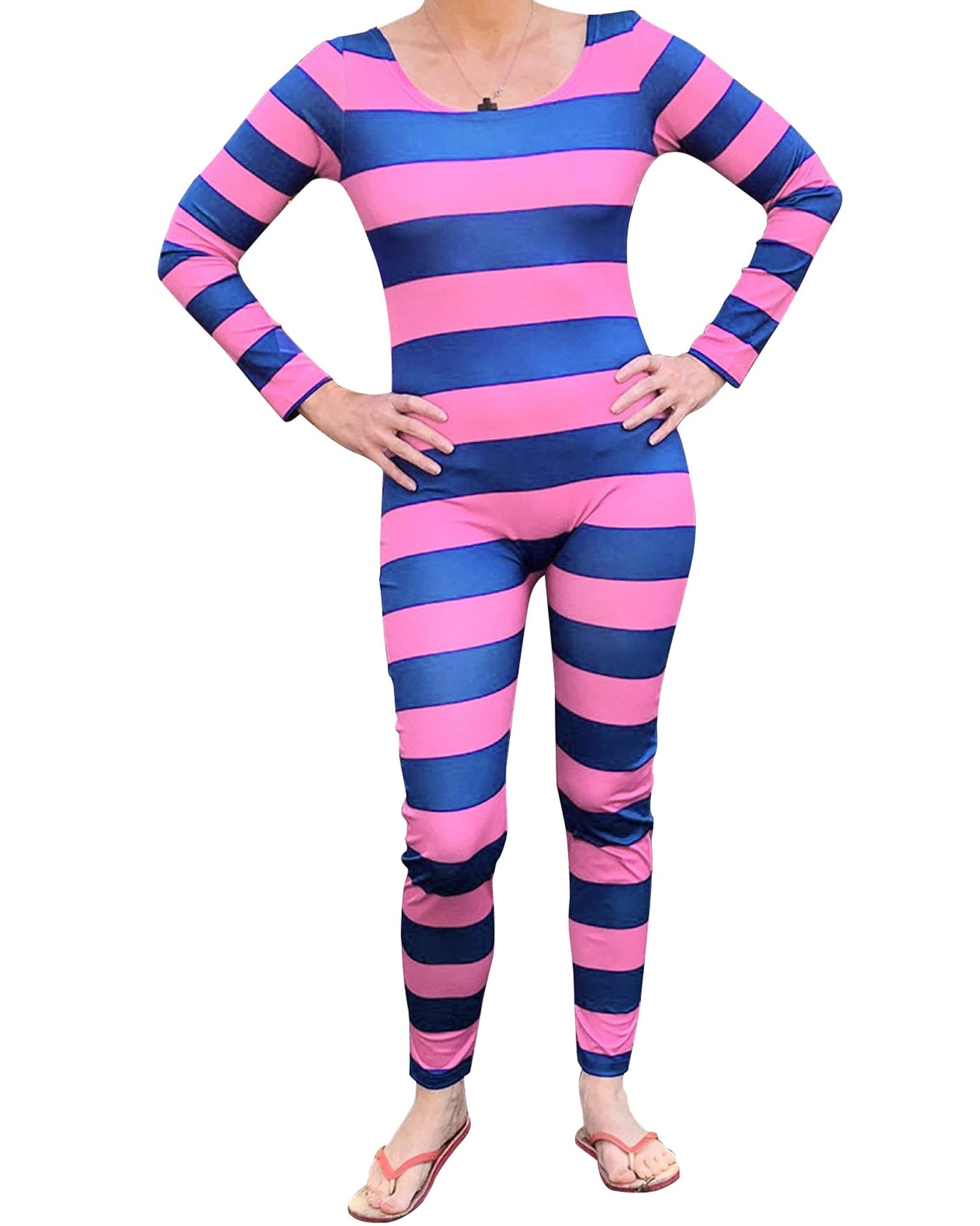 Cusghjbsg Women Halloween Cheshire Cat Cosplay Costume Long Sleeve Stripe Print Contrast Color Slim Jumpsuit Role Play Outfit Romper (Pink Purple A, L)