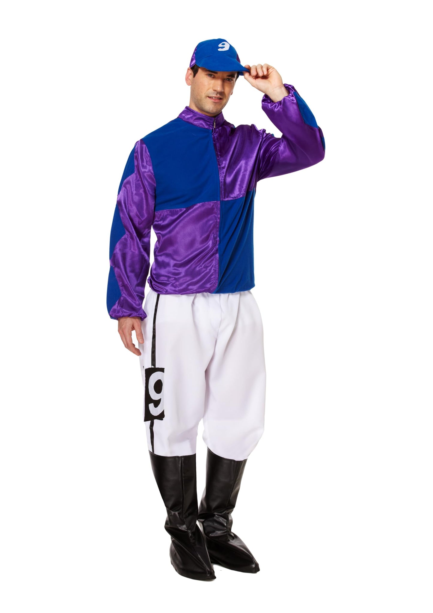 HENBRANDT Adult Men’s Blue and Purple Horse Jockey Outfit with Peaked Hat and Boot Covers Sports Fancy Dress Costume Racing Jockey Dress Up Outfit One Size Mens Fancy Dress Costume
