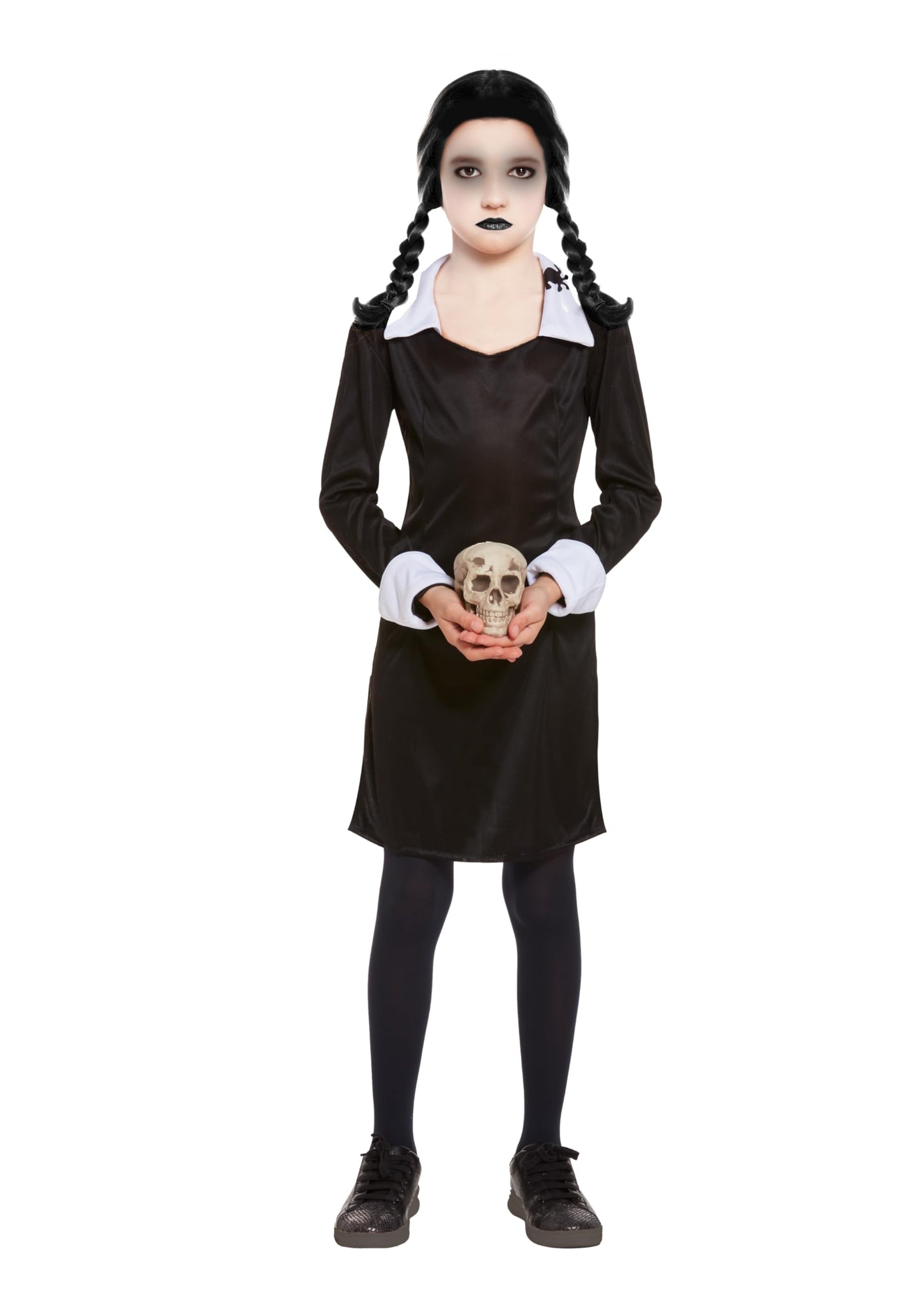 HENBRANDT Children’s Scary Daughter Fancy Dress Costume Long Sleeve Black Dress with White Collar Spooky Family Goth Manor Size Large Ages 10-12 Halloween Fancy Dress for Girls
