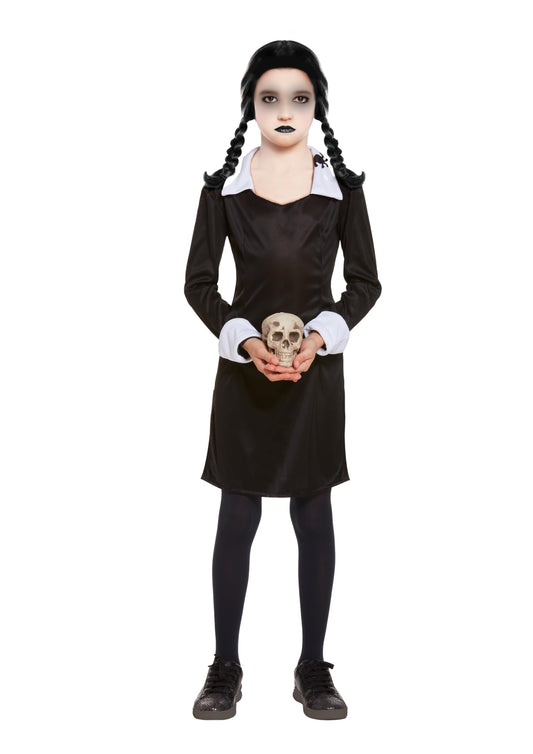HENBRANDT Children’s Scary Daughter Fancy Dress Costume Long Sleeve Black Dress with White Collar Spooky Family Goth Manor Size Large Ages 10-12 Halloween Fancy Dress for Girls