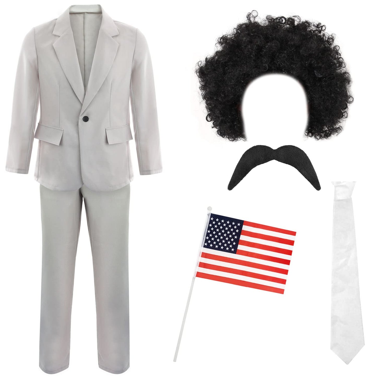 Mens Funny Journalist Costume - Grey Suit + White Tie + Curly Black