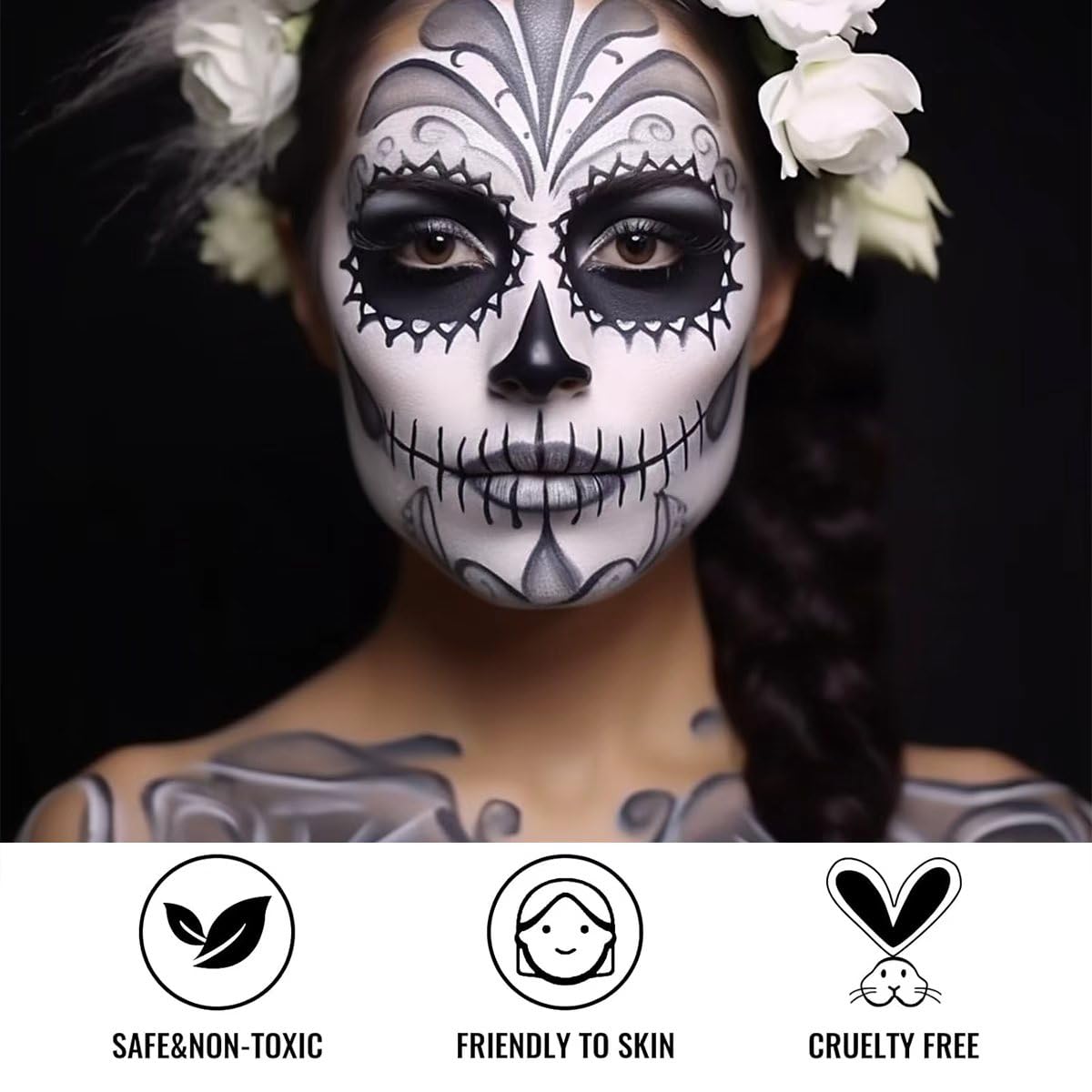 Katiluxiya Halloween Professional Grey Black White Face Paint, Face Painting Kit for Halloween Skeleton Skull, Clown Cosplay, SFX Special Effect and Theme Parties. (01, Color)