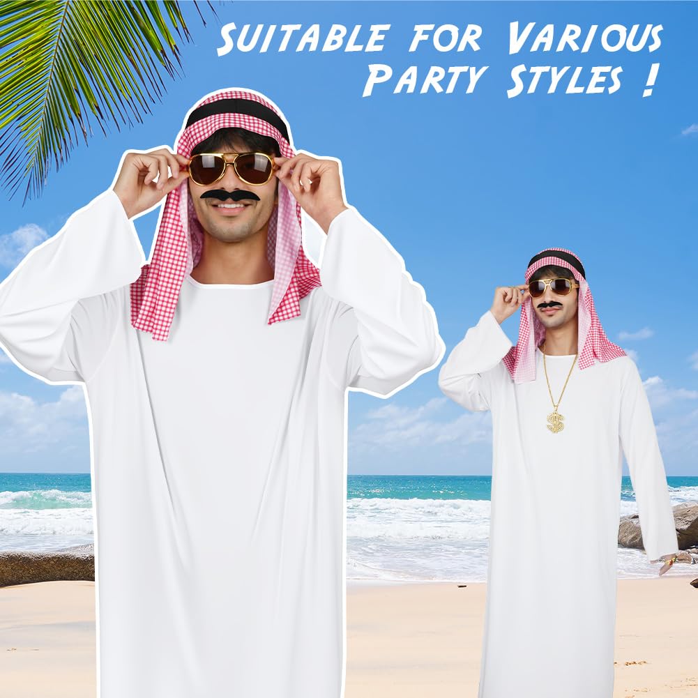 BSBUY Arab Sheik Costume Men White Sheik Robe Arabischen Gebetskleidung Middle Eastern Clothes Outfit Include Robe Hijab Eyeglasses Beard Halloween Christmas Party Birthday Cosplay Fancy Dress Up