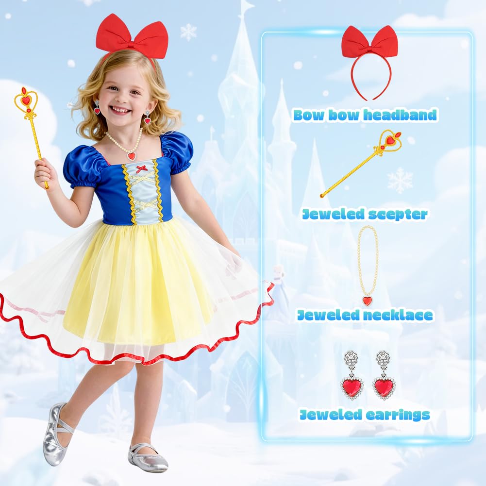BSBUY Baby White Snow Princess Costume White Snow Costume Snow White Short-Sleeved Princess Dress Ballerina Tutu Dress Tulle Skirt Halloween World Book Day Birthday Party Dress Up(110)