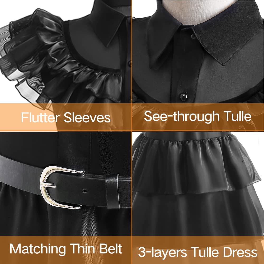 keaiyouhuo Wednesday Addams Costumes Dress for Kids Girls Family Merchandise Fancy Dress Up Cosplay Halloween Party Outfit with Wig, Black, 7-8 Years