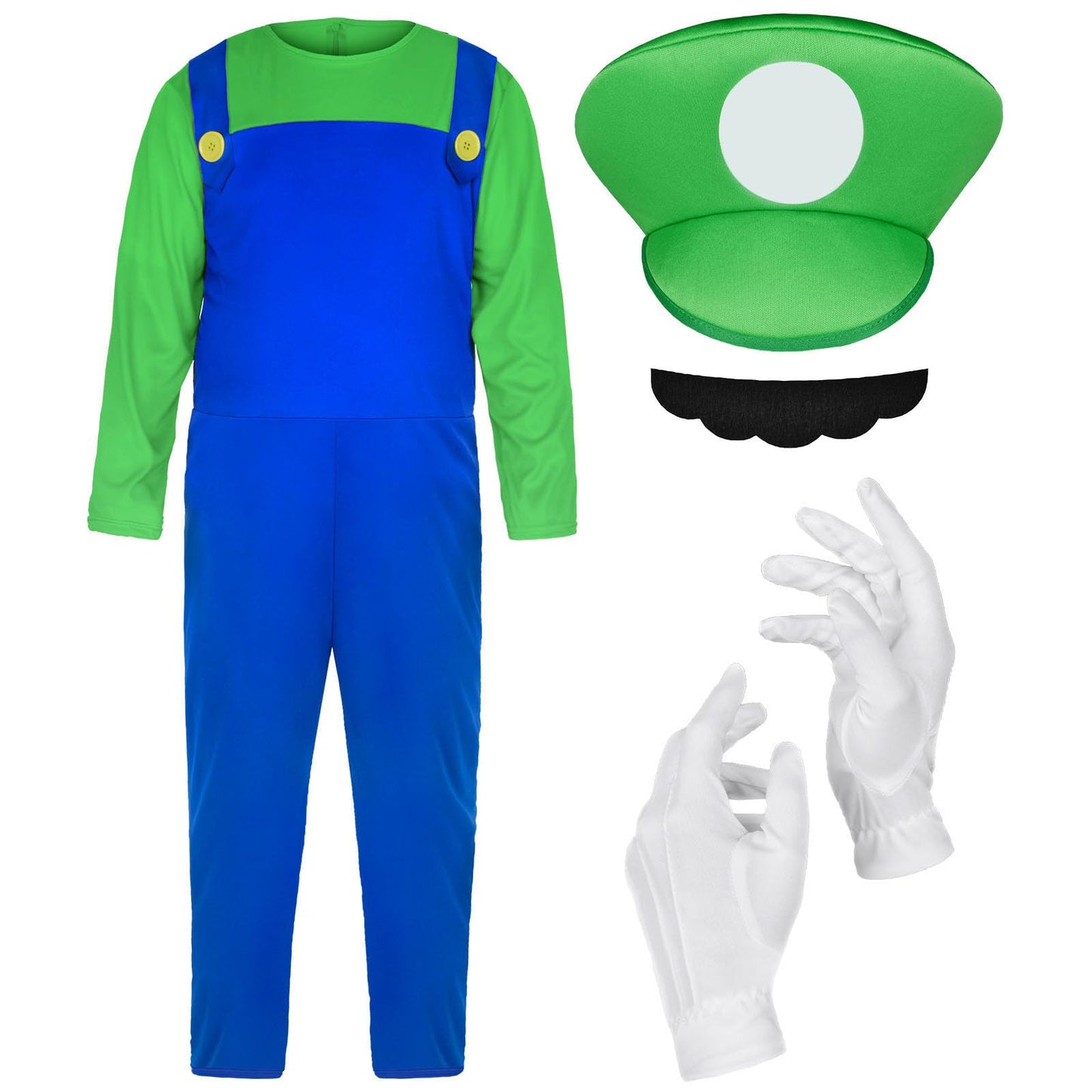 Aomig Super Plumber Costumes 4 Pack Brothers Workman Cosplay Costume Kits with Bodysuit Hats Cap Mustaches White Gloves 1980s Videogame Bros Fancy Dress Outfit Costume for Women Men(Green)