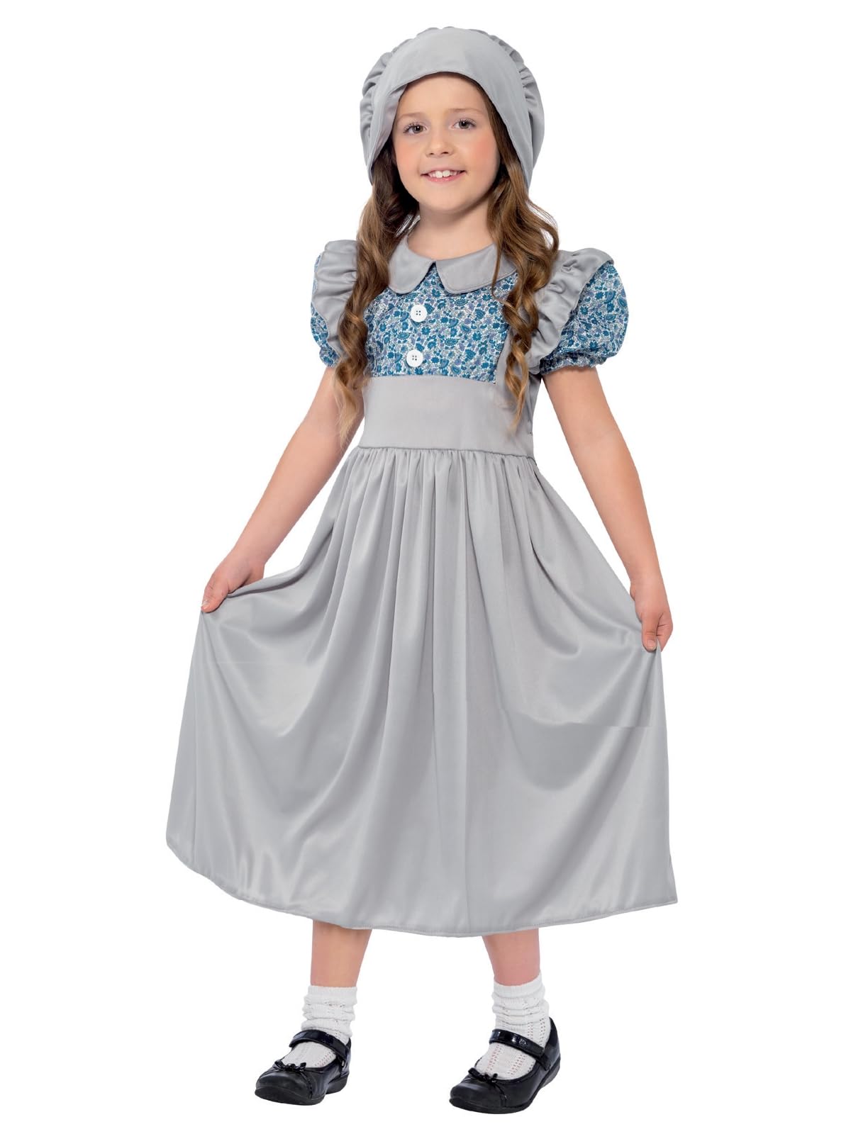 Smiffys Victorian School Girl Costume, Grey with Dress & Hat, Girls Fancy Dress, Child Dress Up Costumes Halloween, World Book Day