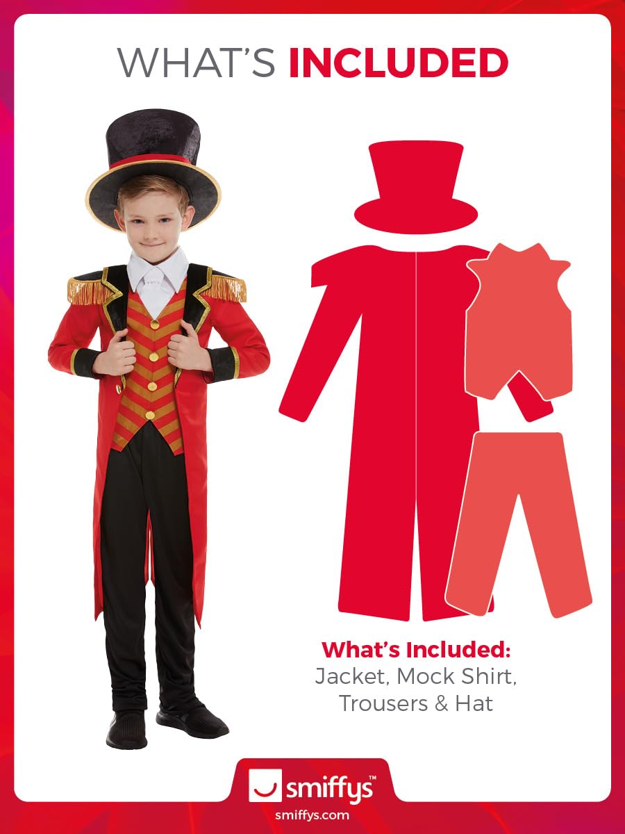 Smiffys Deluxe Ringmaster Costume, Red with Jacket, Mock Shirt, Trousers & Hat, Boys Fancy Dress, Child Dress Up Costumes
