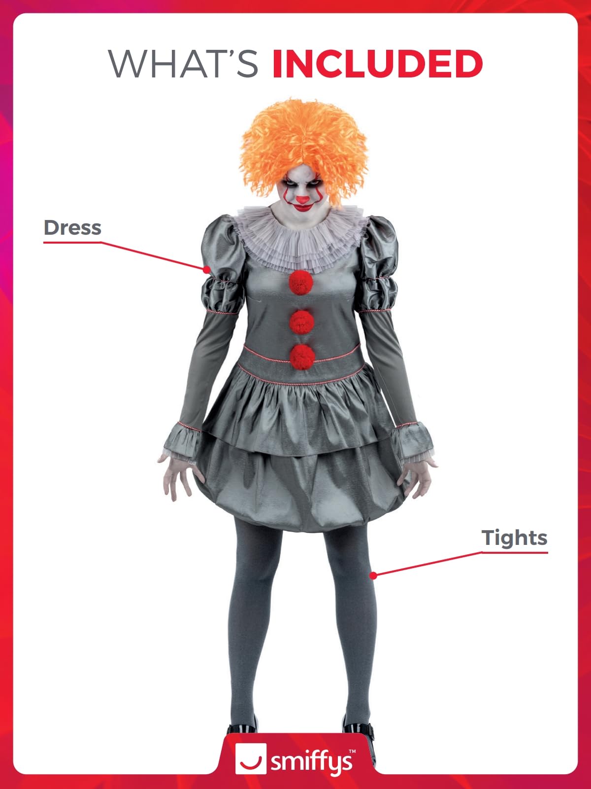 Smiffys IT Chapter Two Pennywise Costume for Adults, Dress with Neck Ruffle and Tights, Grey, Officially Licensed, Ideal for Halloween, Stag and Hen Nights, and Playful Fancy Dress