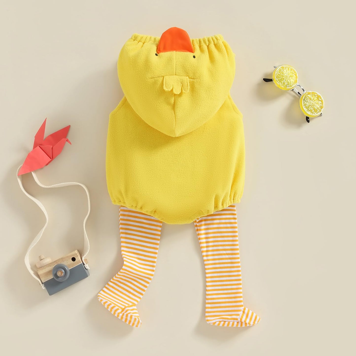 FeMereina Halloween Costumes Toddler Baby Boy Girl Animal Chick Romper Sleeveless Zip Up Hooded Cosplay Jumpsuit with Striped Socks (Yellow, 18-24 Months)