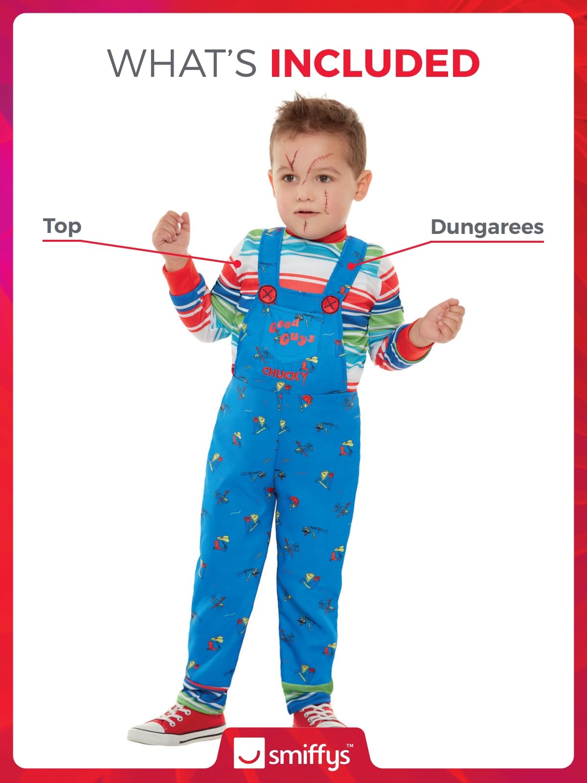 Smiffys Chucky Costume in Blue for Kids, Dungarees and Top, Officially Licensed, Iconic Blue Dungarees and Striped Top, Ideal for Halloween and Matching Family Fancy Dress