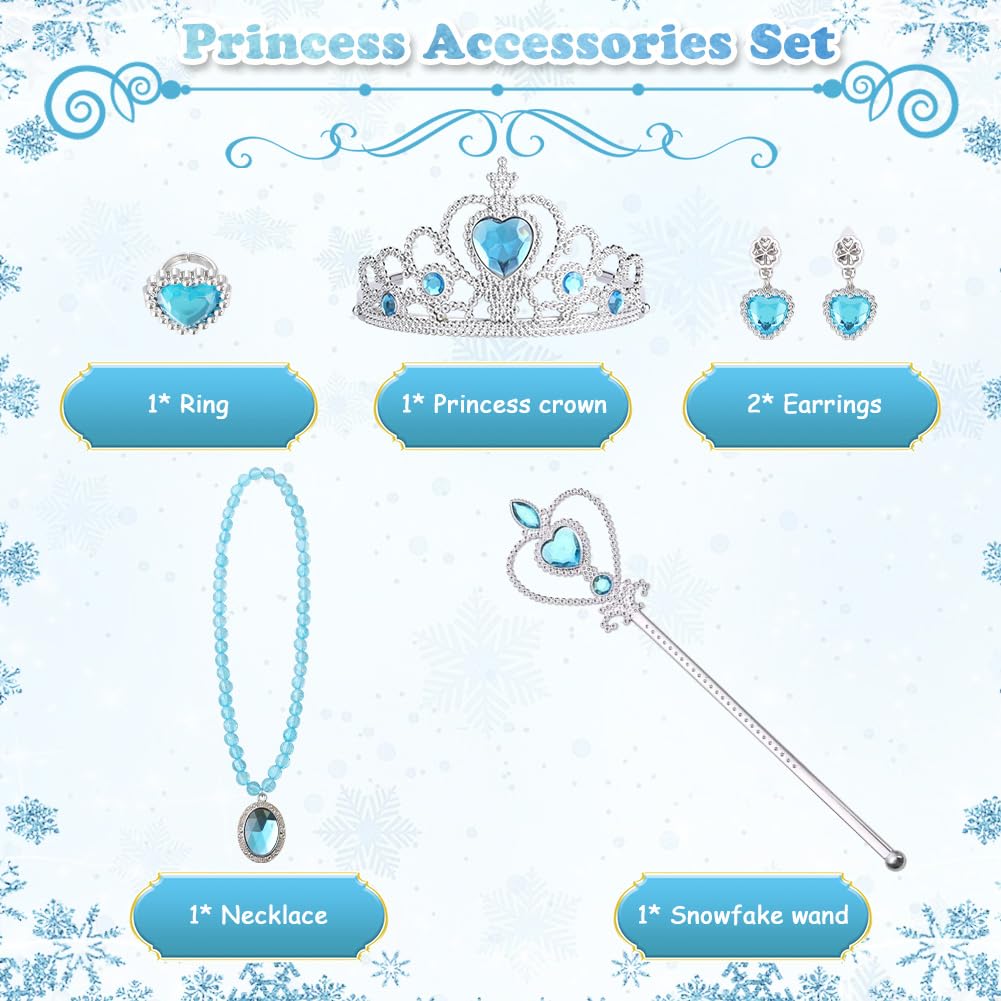 AYBUY Princess Dress Costume, Blue Princess Costume with Cape Train Wand Crown, Girls Fancy Dress for Halloween Christmas Party Cosplay,120