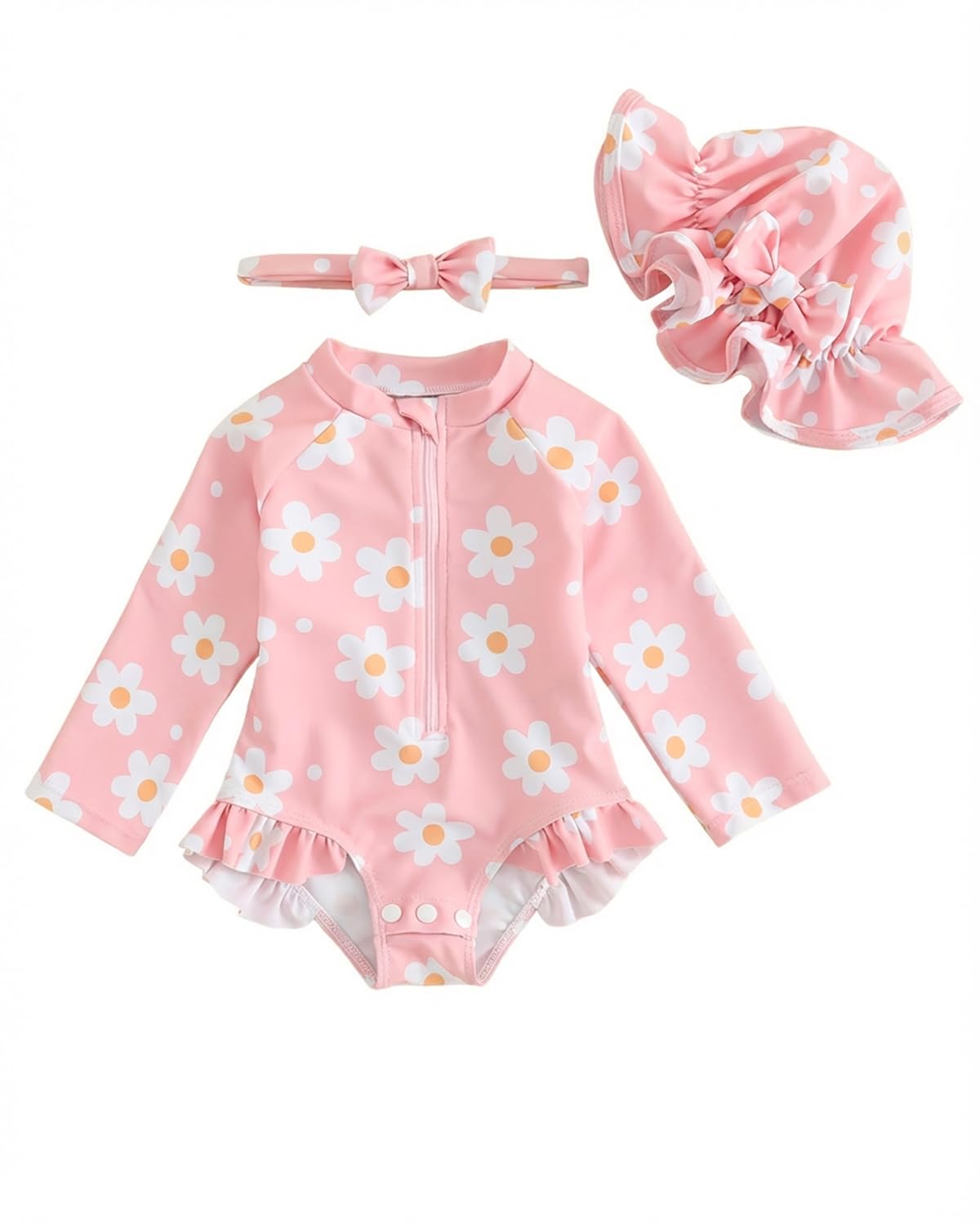 Baby Swimsuit Girl 3-Piece Set 0M-3T, Long Sleeve Toddler Swimming Costume with Hat & Headband, UPF 50+ Infant Rash Vest Front Zipper & Snaps, Pink Flower 12-18 Months