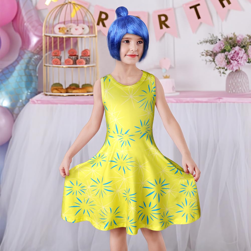 DiULi Girls Costume, Yellow Joy Princess Dress, Role Play Masquerade Sleeveless Dress, Suitable for Halloween Party Birthday Dress Up, with Wig(Yellow#150)