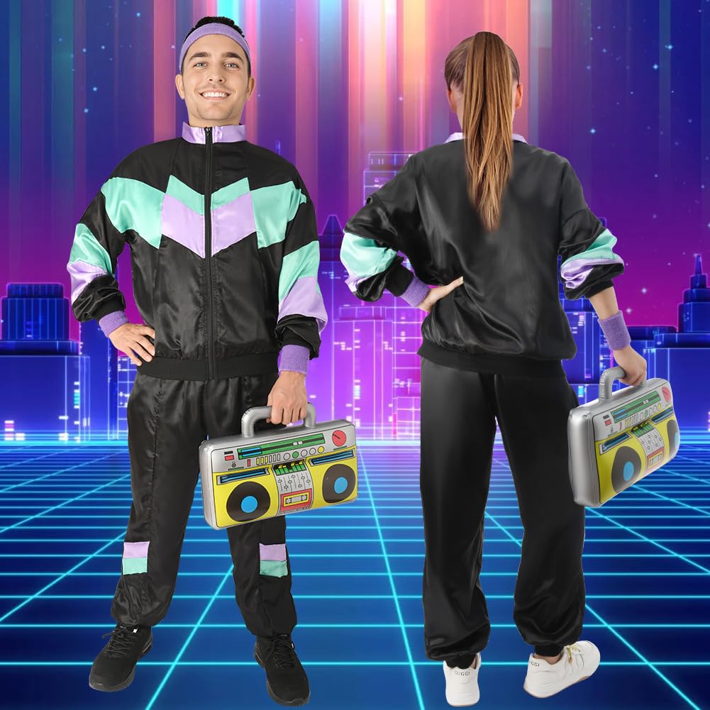 Aomig 80s Height of Fashion Shell Suit Costume, 80s Fancy Dress Men Women with Headband Wristbands, 1980s Disco Fancy Dress, 80s 90s Outfits Fashion Retro Tracksuit for Halloween Carnival Party(L)